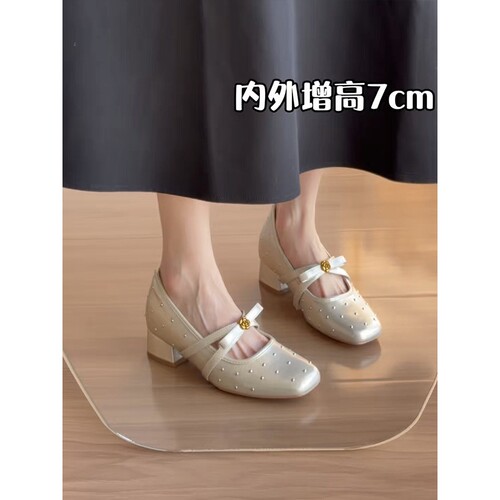 内增高7cm复古粗跟玛丽珍女鞋2026新方头单鞋芭蕾鞋浅口蝴蝶结