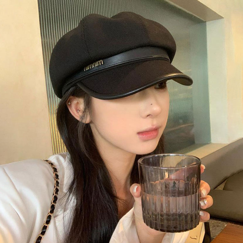 春秋季英伦风pu皮檐八角帽子女复古韩版百搭显脸小防晒画家报童帽