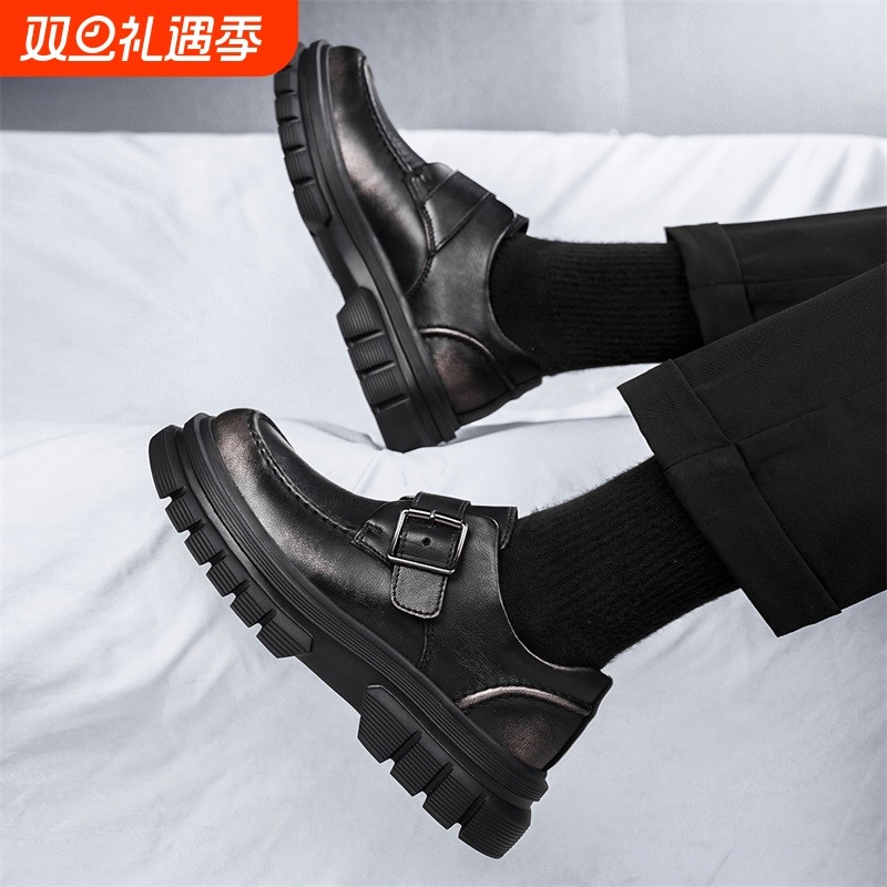 真皮皮鞋男户外休闲鞋厚底增高大头鞋硬汉工装鞋商务正装冬季黑色