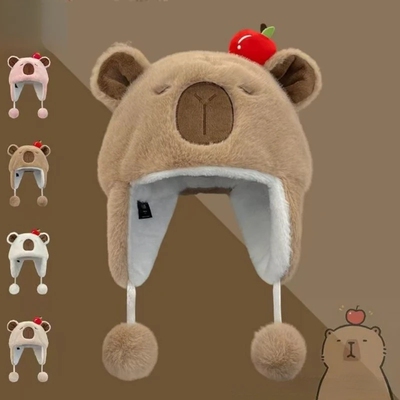 儿童可爱卡皮巴拉毛绒帽男女童冬季加厚防寒保暖护耳帽幼儿园帽子
