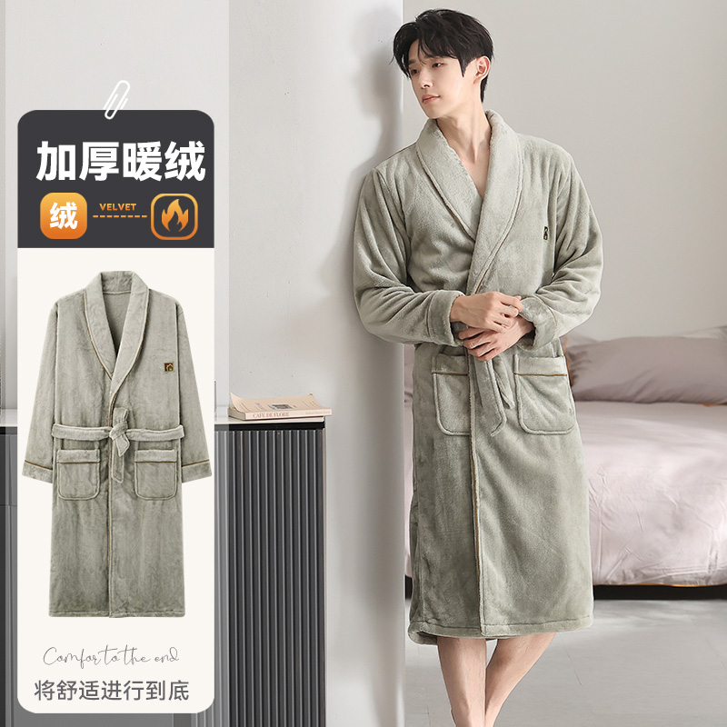 帕兰朵珊瑚绒加厚睡袍睡衣男士秋冬季加绒保暖浴袍法兰绒家居服