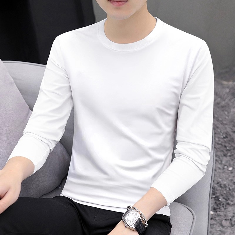 长袖t恤男装2025新款春秋款纯白色上衣服大码秋衣内搭男士打底衫