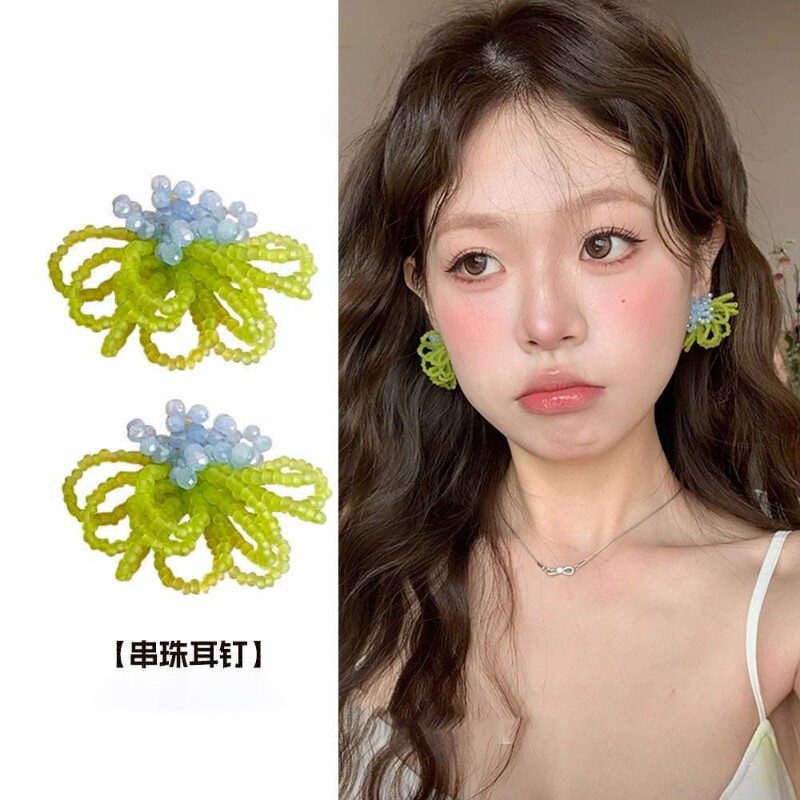 春日来信撞色串珠耳饰水晶手工耳钉少女心甜美减龄度假风耳环2148