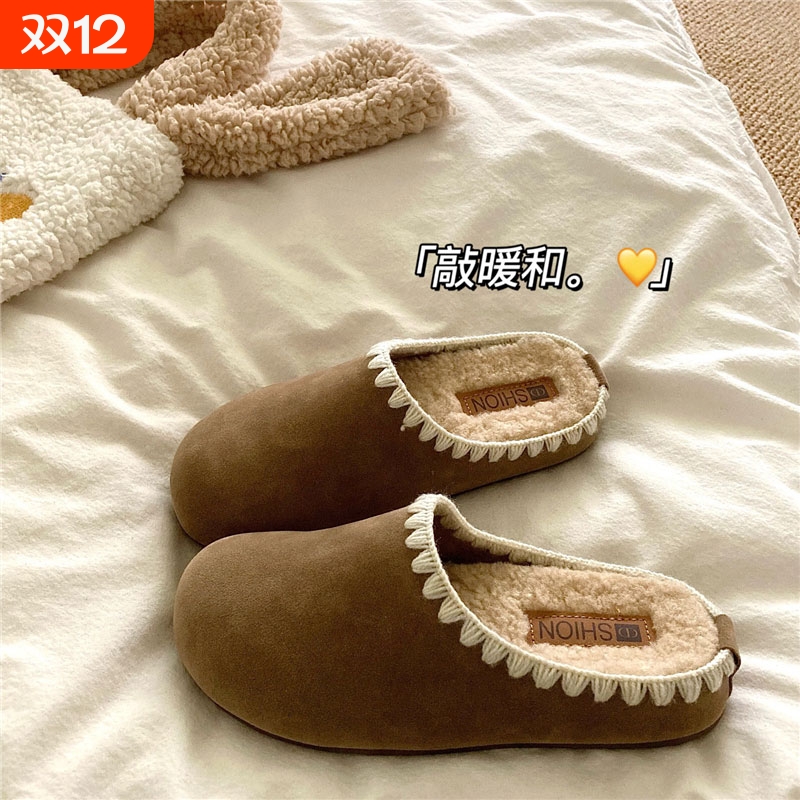 精致时髦~！花边氛围感加绒勃肯拖鞋女ins外穿保暖厚底毛毛棉拖鞋