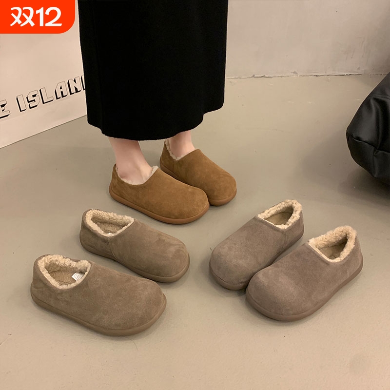 厚底加绒保暖勃肯鞋女2025秋冬新款一脚蹬懒人毛毛鞋单鞋棉鞋手工