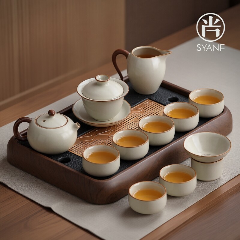 汝窑现代简约茶具套装家用泡茶专用陶瓷茶杯茶盘茶壶高档轻奢喝茶