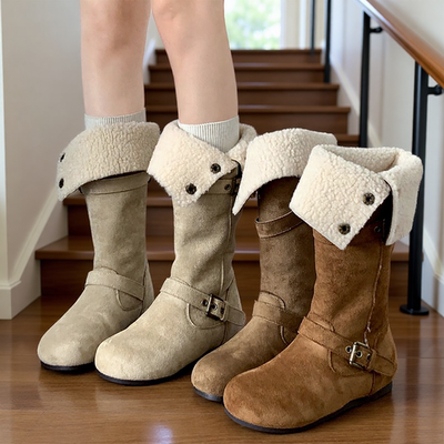 靴子女长筒靴2025新款秋冬保暖显瘦勃肯加绒雪地长靴白色平底米色