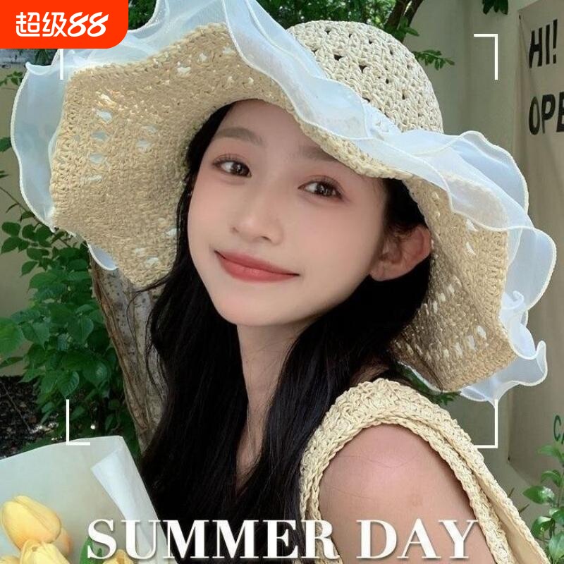 夏季女大帽檐蕾丝草帽海边沙滩透气太阳渔夫帽防晒帽遮阳帽子旅行