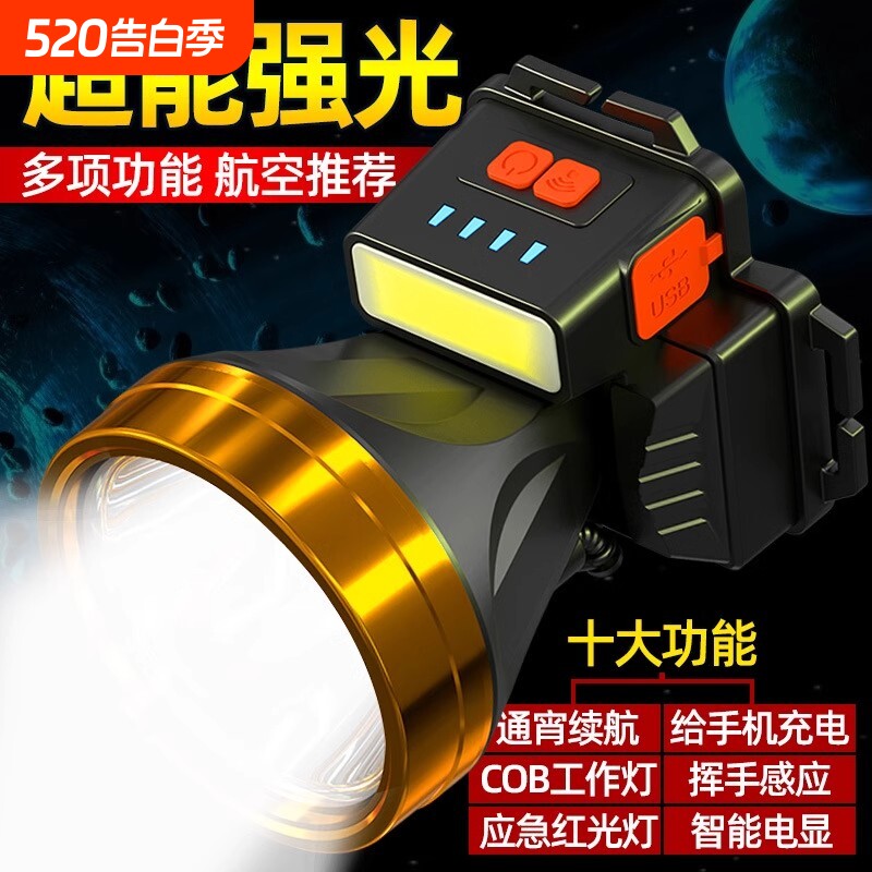 头灯强光充电超亮长续航户外头戴式手电筒夜钓鱼登高专用led矿灯