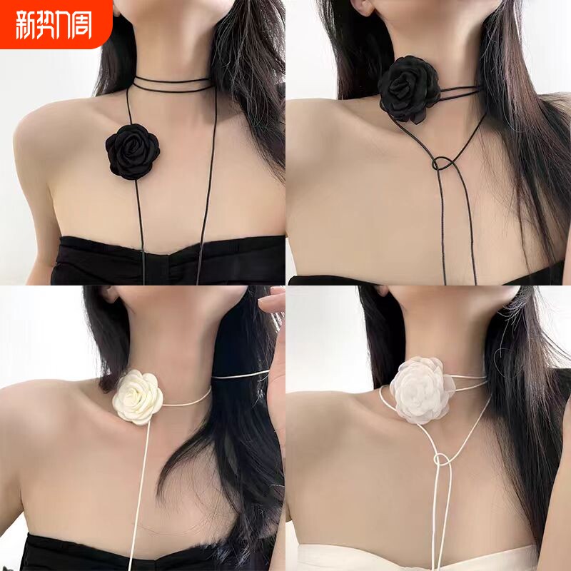 玫瑰花项链女生款choker颈花黑色花朵项圈颈带山茶花脖子配饰颈