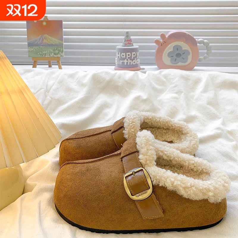 厚底内增高勃肯鞋加绒包头毛毛拖鞋女外穿2025新款秋冬博肯鞋半拖