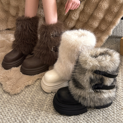 时尚雪地靴女款2025新款秋冬季加绒短筒靴毛茸茸小个子增高棉靴