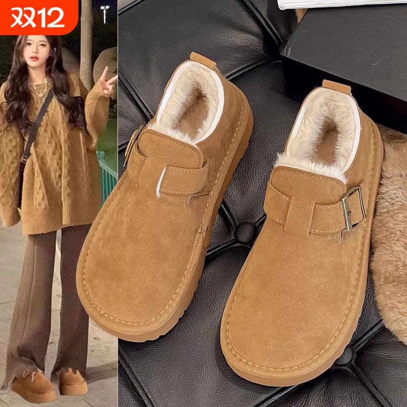 平底全包勃肯鞋女冬季加绒加厚雪地靴2025新款乐福鞋孕妇毛毛棉鞋
