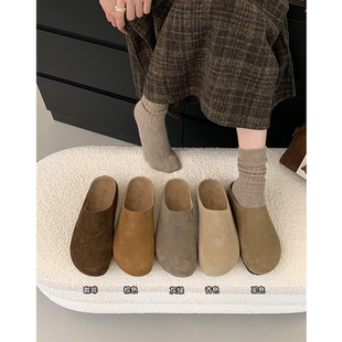 森系复古包头半拖鞋 真皮内增高厚底勃肯鞋 女加绒外穿春夏秋冬新款