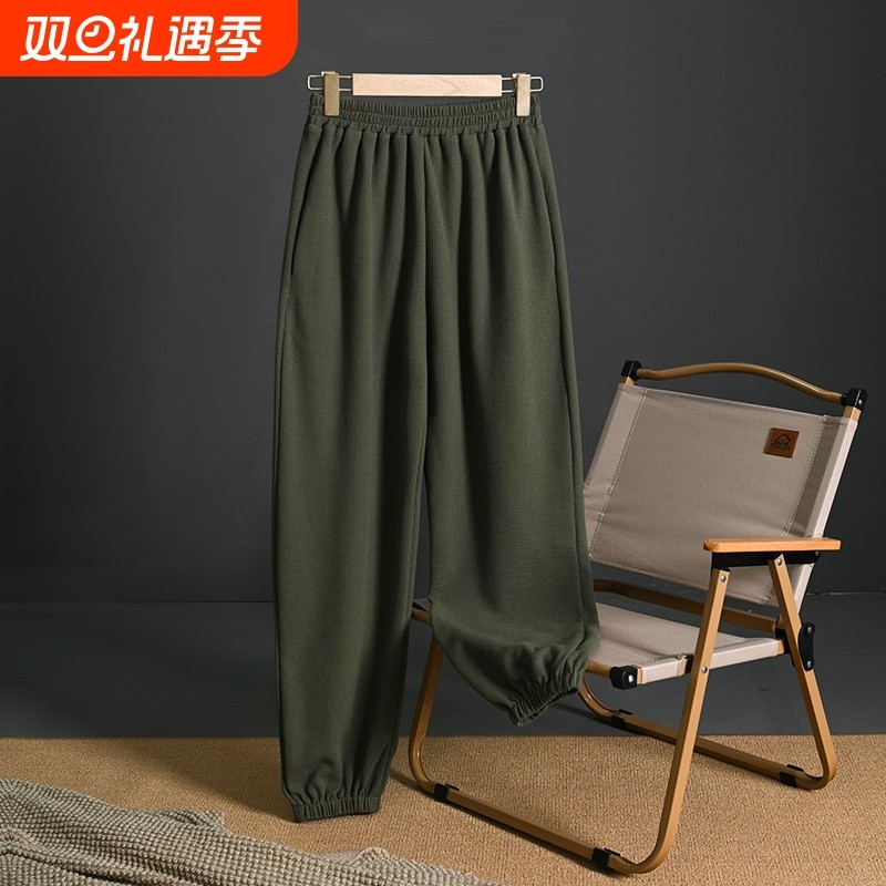 休闲男士睡裤华夫格简约秋冬季加大码宽松加厚棉可外穿宽松家居裤