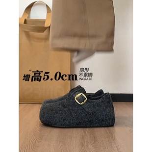 格雷灰色复古内增高勃肯鞋女2025秋冬新款一脚蹬加绒保暖厚底棉鞋