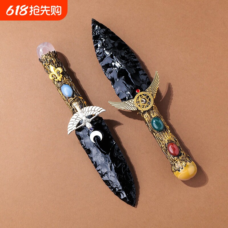 黑曜石刀原矿石刀石器天然水晶矿石标本摆件手工石头刀蛋白石海洋