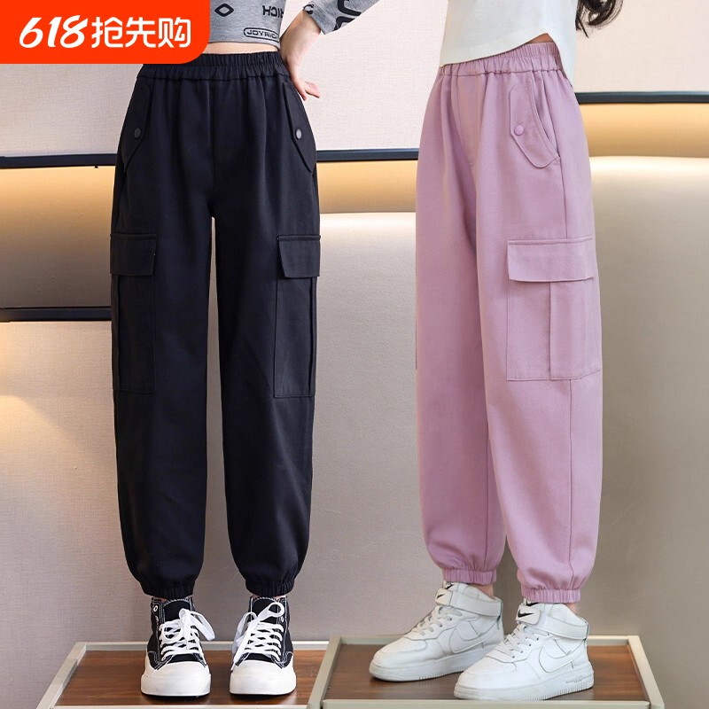 裤子女童工装裤春夏款2026新款儿童女大童春秋女孩休闲运动裤黑色