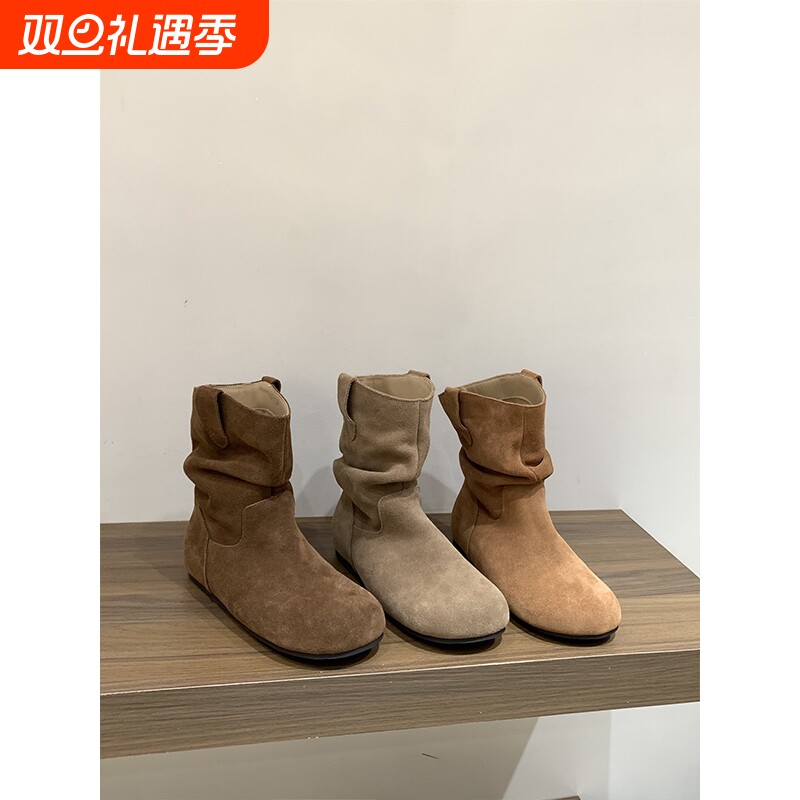 内增高真皮勃肯靴女靴子2025秋冬季堆堆靴中筒马丁靴显瘦棕色短靴