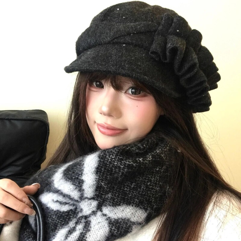 小众亮片褶皱花边八角贝雷帽女秋冬季复古时尚显脸小报童帽子