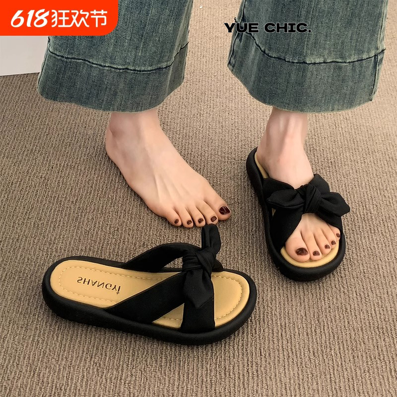 凉拖鞋女夏外穿2025新款配裙子厚底沙滩凉鞋法式仙女蝴蝶结一字拖