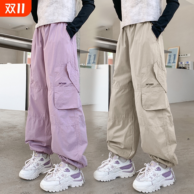 女童裤子春秋新款装季胖孩粉色中大童儿童工装休闲工装裤夏天防蚊