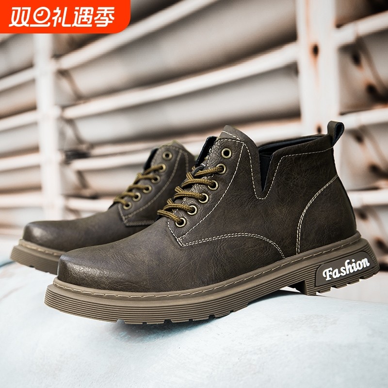 新款马丁靴男士真皮休闲高帮复古加绒保暖潮流工装皮靴棉靴冬季