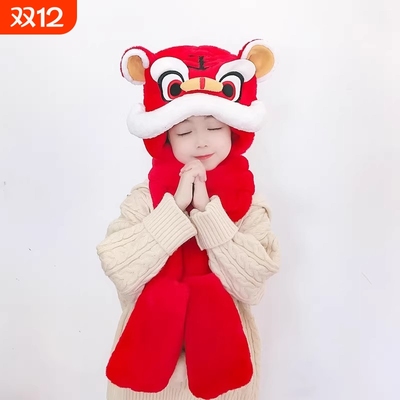冬季儿童帽子围巾一体毛绒帽男女童防风保暖围脖套头帽宝宝新年帽