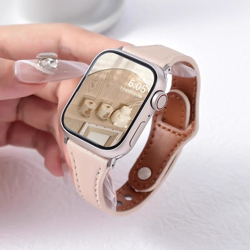 适用苹果S10手表新款ApplewatchS9细腰钉扣皮质表带iWatch高级感秋天8智能7配件6时尚SE个性5小众4透气ins风3