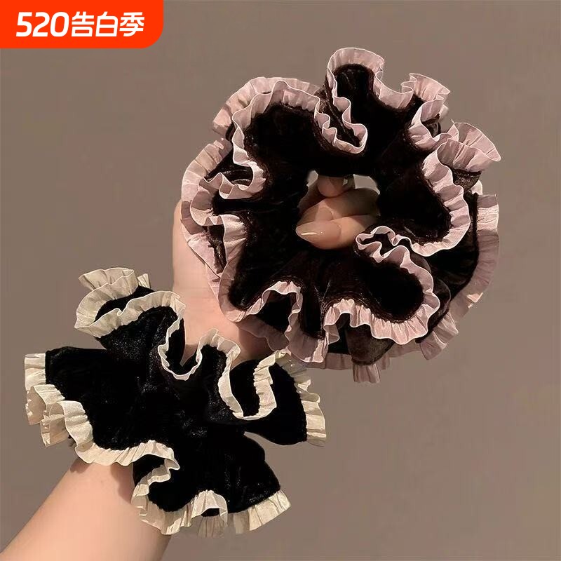 双层花边大肠发圈女秋冬丝绒高级感扎头发绳头饰荷叶边头绳紫色