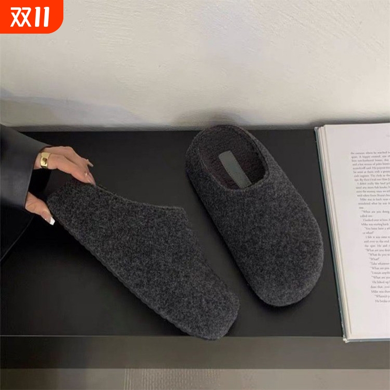 灰色毛呢复古内增高5cm勃肯鞋女厚底小土豆加绒保暖包头毛毛拖鞋