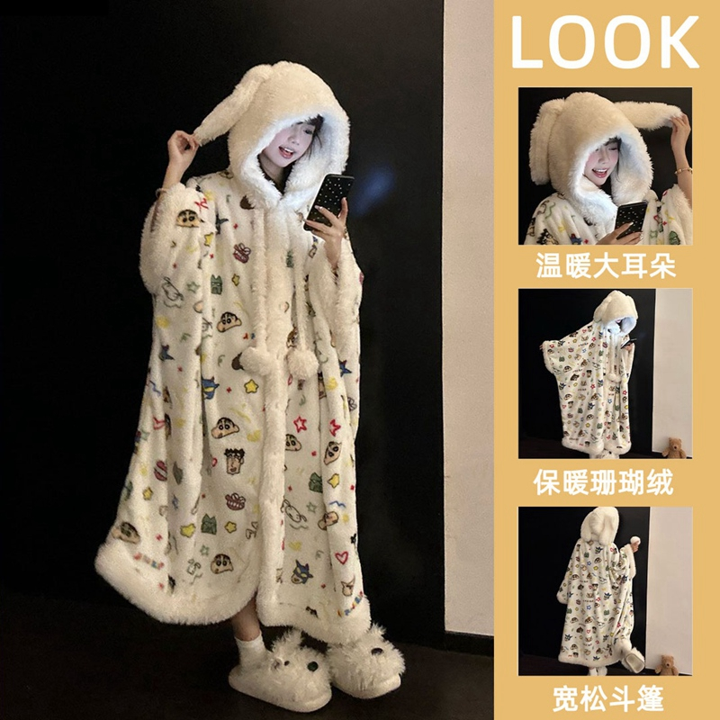 珊瑚绒睡衣女款2025冬季高级感男加厚蜡笔小新睡袍斗篷鲨鱼家居服