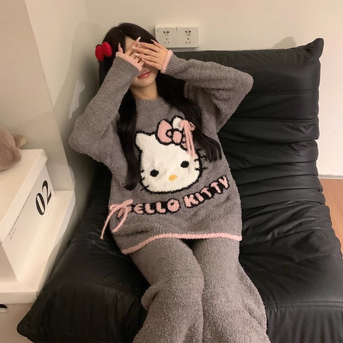 新款kt猫半边绒保暖睡衣女