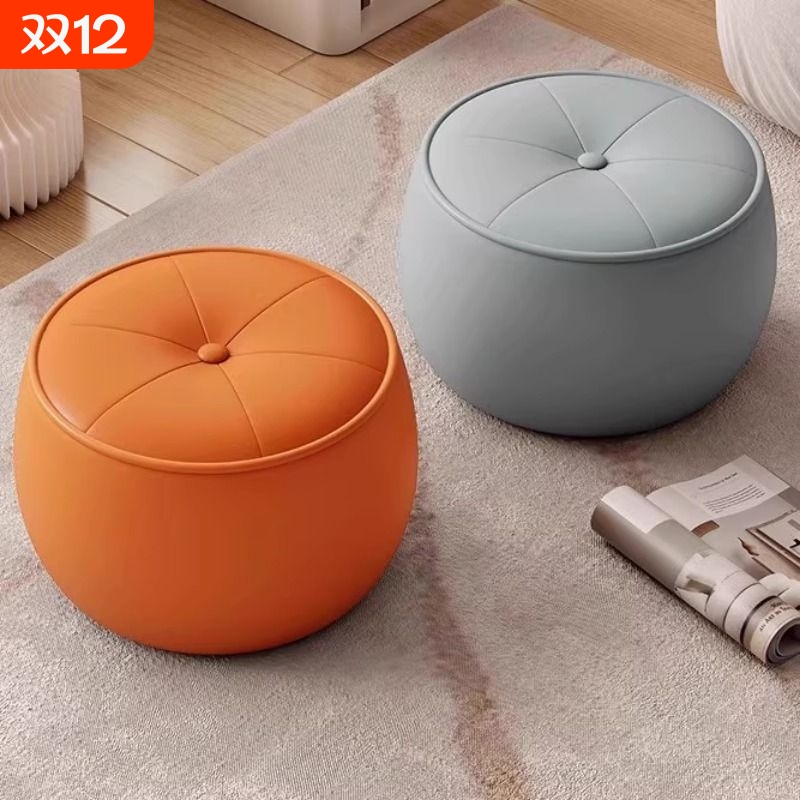 门口换鞋凳轻奢实木圆凳皮质家用矮凳客厅凳子沙发茶几南瓜凳久坐