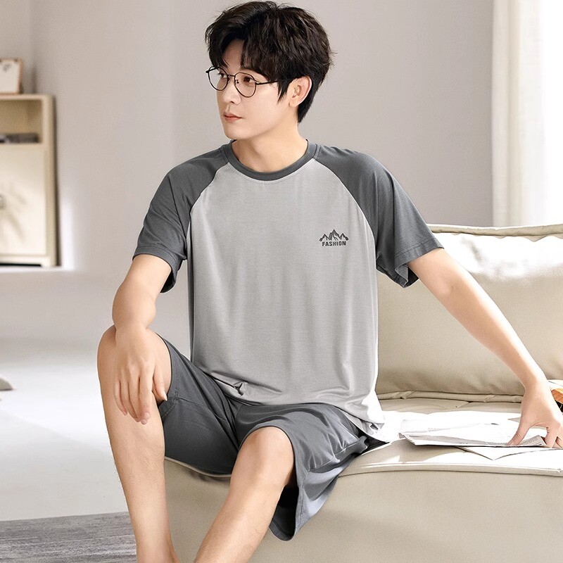 男士薄款睡衣男夏季莫代尔短袖短裤套装大码凉感可外穿运动家居服