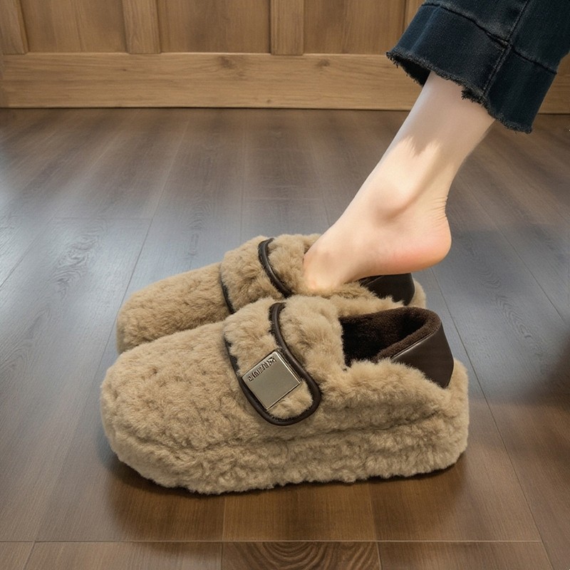 羊羔绒毛毛鞋女2025新款秋冬厚底加绒保暖一脚蹬豆豆鞋黑色毛绒,女鞋,毛毛鞋,淘宝优惠券,粉丝福利购,淘宝优惠卷