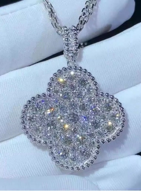 全新高定超闪品质满钻大号幸运草项链952银镀18k金红玛瑙黑白贝母