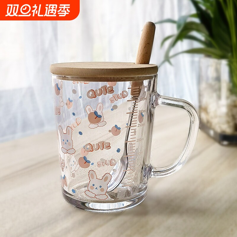 ins玻璃杯杯子卡通吸管杯勺刻度牛奶杯早餐杯情侣用微波炉便携
