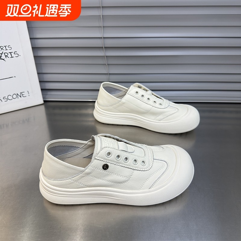 单层牛皮小白鞋女一脚蹬软底丑萌鞋2025新款百搭厚底懒人休闲板鞋