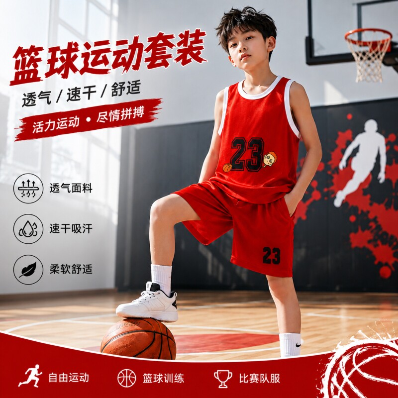 儿童篮球服套装男童背心运动速干衣无袖两件套女童夏季短袖比赛
