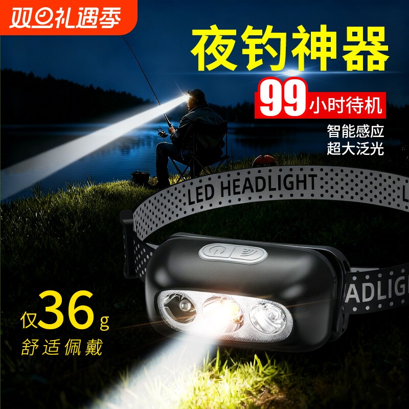 头灯超亮可充电头戴式强光感应特亮LED手电筒小型便携式夜钓鱼灯