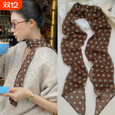 棕色波点丝巾印花高级百搭配饰系脖女2025年新款发带绑发长条围巾