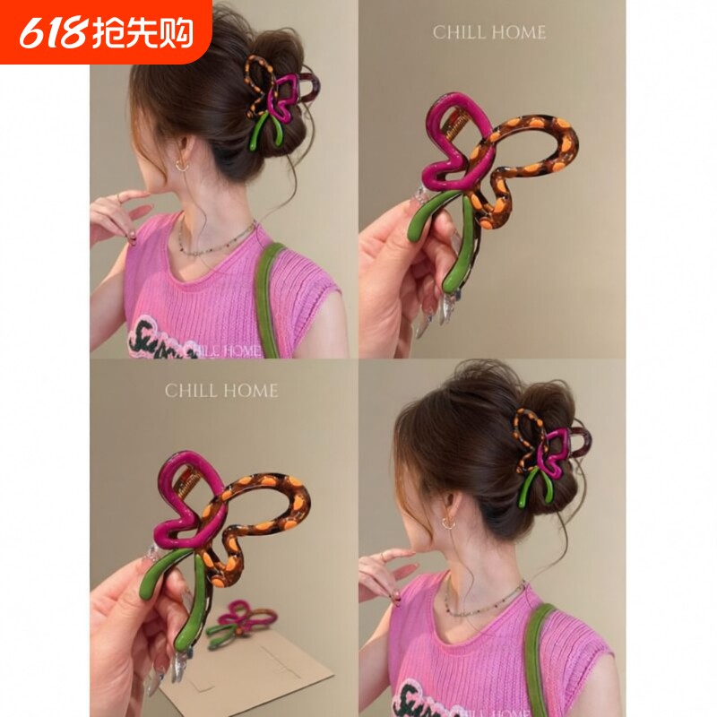 高级感撞色波点蝴蝶结抓夹女高端后脑勺鲨鱼夹发量少发夹头饰春夏