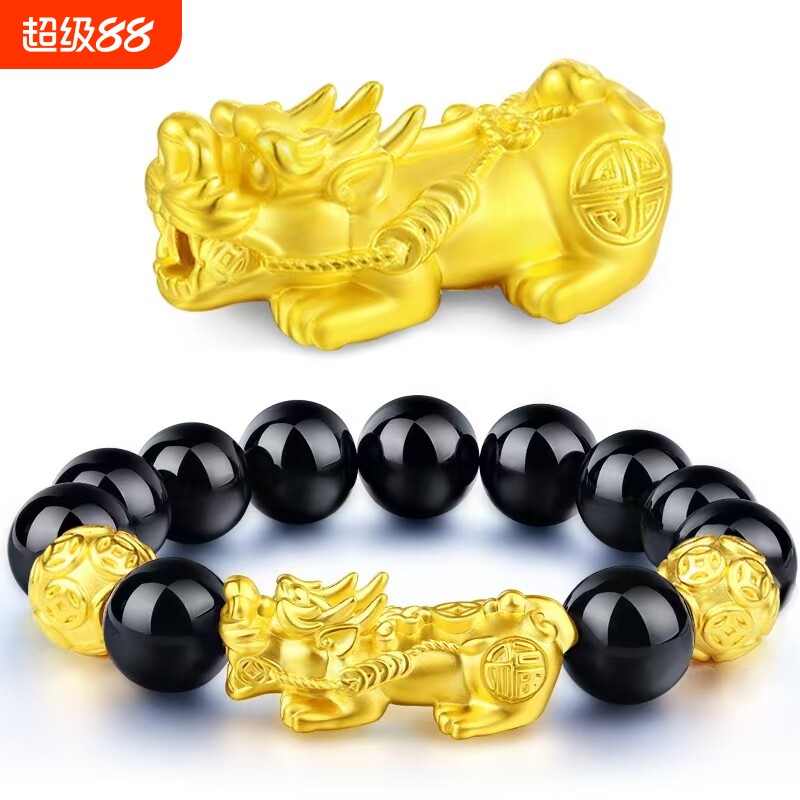 男女款貔貅手链，越南沙金设计款仿黄金黑石网红爆款招财珠子金珠图片