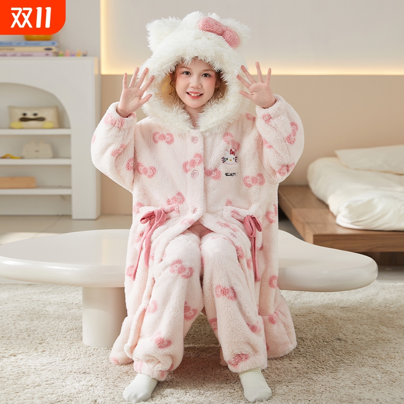 女童睡袍儿童珊瑚绒秋冬季家居服