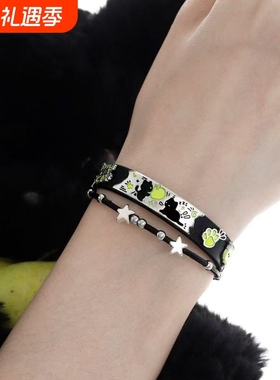 敲可爱!黑猫青苹果手链新款原创小众设计甜酷皮革手环手镯