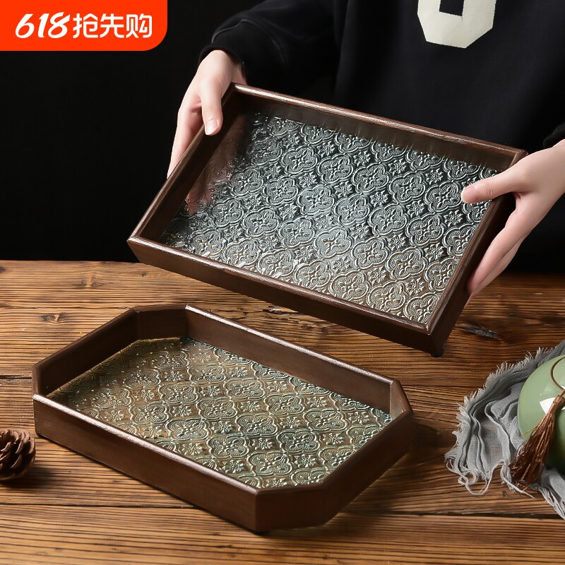 客厅玻璃托盘长方形茶盘茶具摆件收纳盘水果盘复古精致好物轻奢