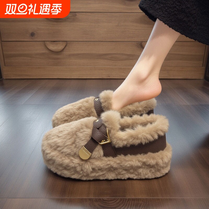 【羊羔绒】毛毛鞋女外穿2025新款冬季皮带扣厚底加绒保暖防滑棉鞋