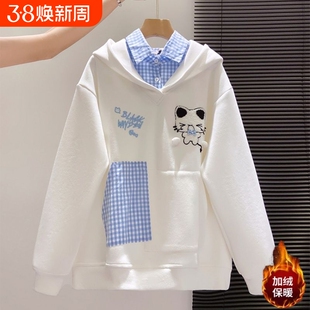女童卫衣韩系秋冬新款中大童洋气学院风假两件连帽衫儿童刺绣上衣