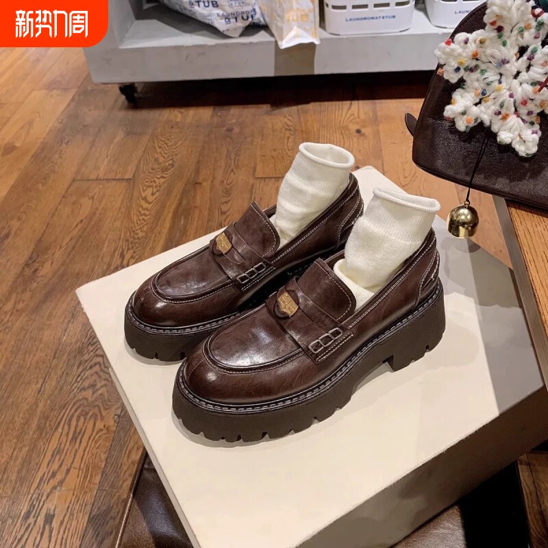 马皮~6.5cm增高厚底乐福鞋女英伦小个子棕色小皮鞋单鞋浅口圆头